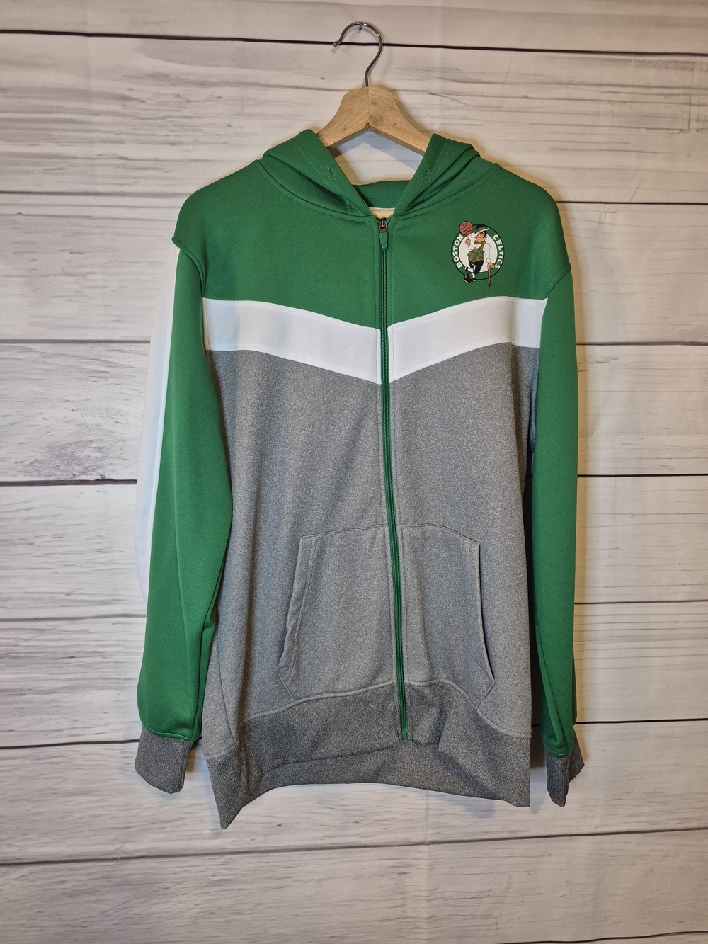 NBA Boston Celtics Gray and Green Team Logo Zip Hoodie